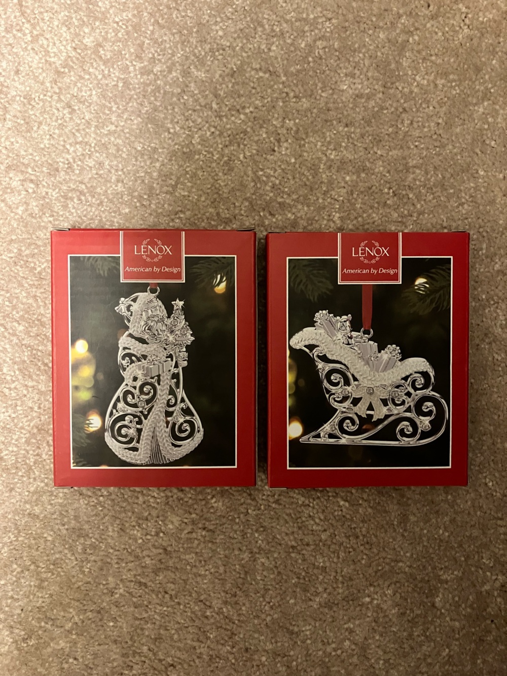NIB Lenox Sparkle and Scroll Frosted Clear Christmas Ornaments Sleigh & Santa